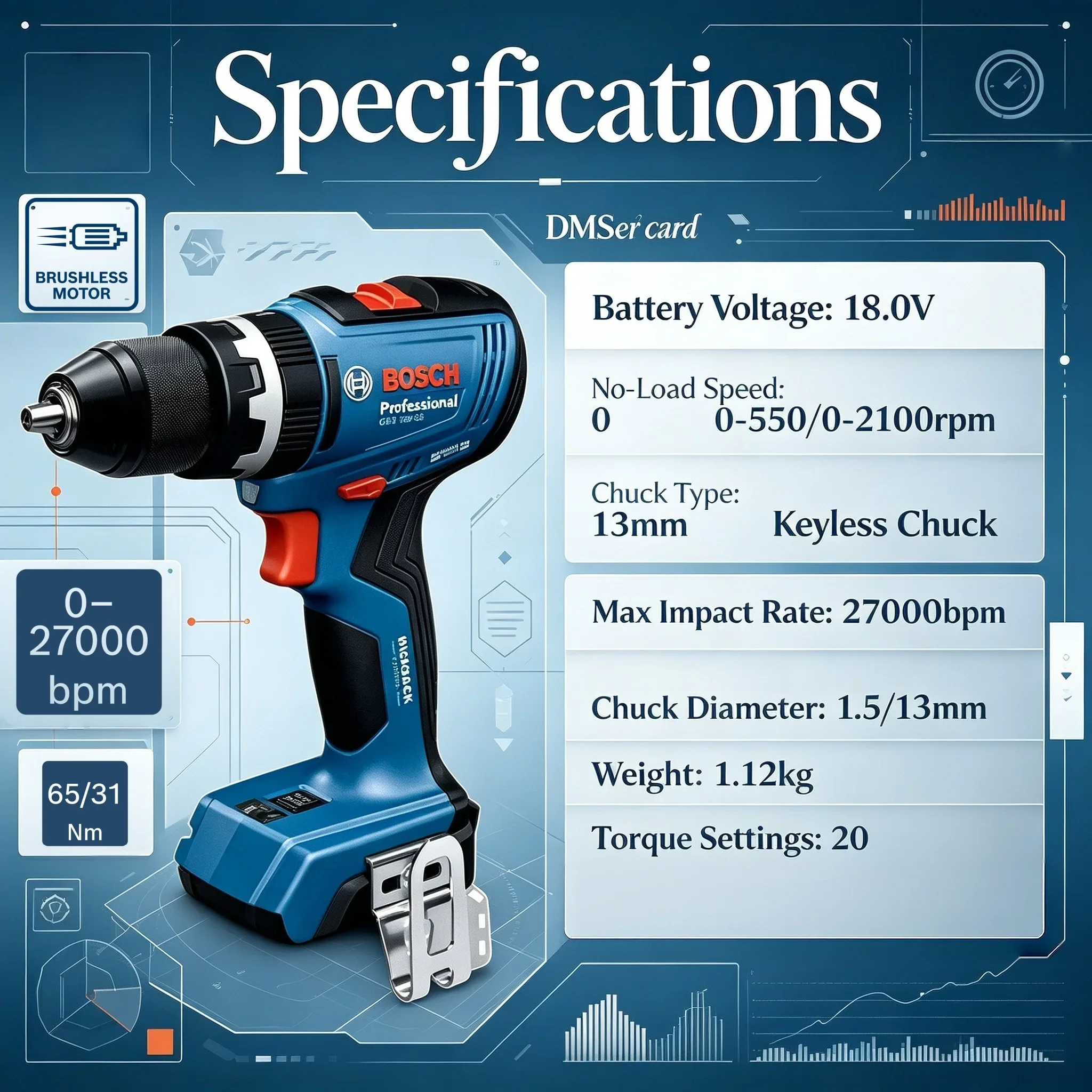 BOSCH  GSB 18V-65 Brushless Co - Brushless Cordless Electric Drill 18V review and price
